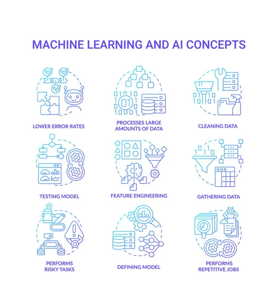 Machine learning and AI blue gradient concept icons set — ストックベクタ