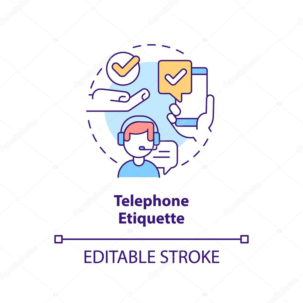 Telephone etiquette concept icon. Call center. Customer support. Business etiquette abstract idea thin line illustration. Isolated outline drawing. Editable stroke. Arial, Myriad Pro-Bold fonts used