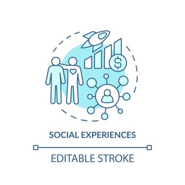 Sosyal deneyimler turkuaz konsept simgesi. Müşteri davranışı eğilimi soyut fikir ince çizgi çizimi. İzole bir taslak çizim. Düzenlenebilir felç. Arial, Myriad Pro-Kalın yazı tipleri