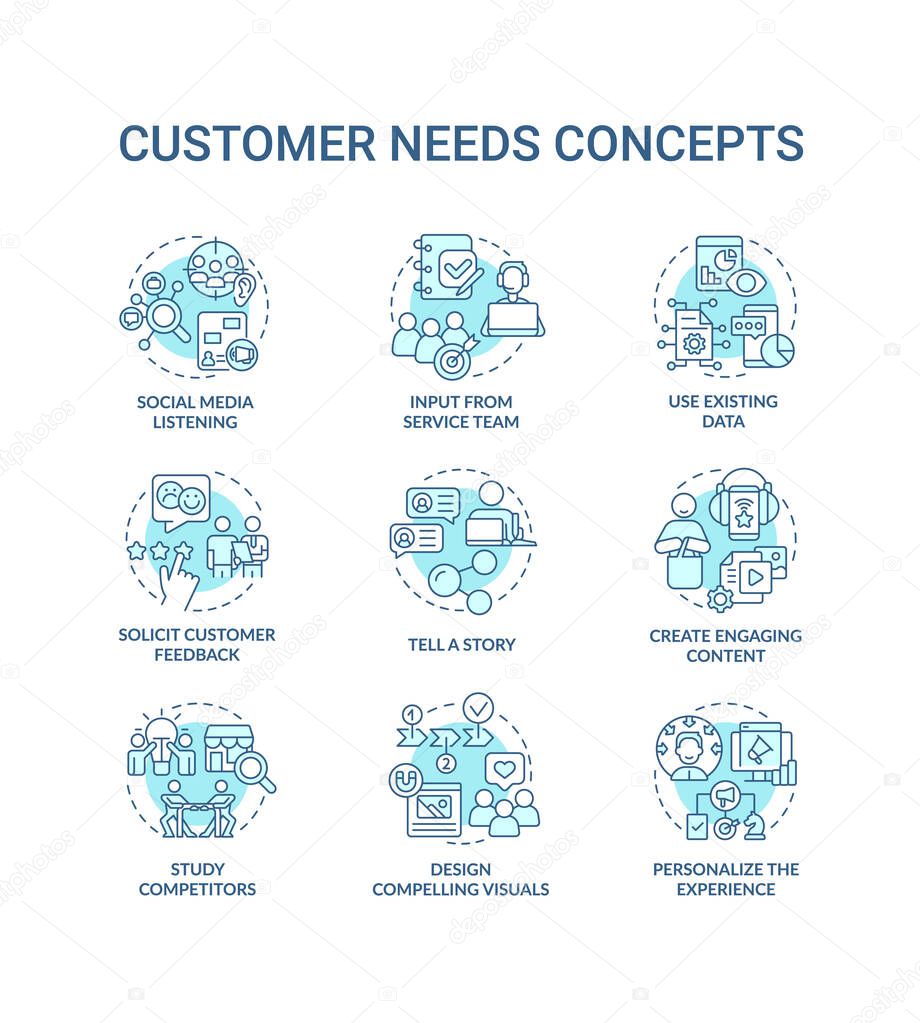 Customers needs turquoise concept icons set. Market analysis. Social media idea thin line color illustrations. Isolated symbols. Editable stroke. Roboto-Medium, Myriad Pro-Bold fonts used