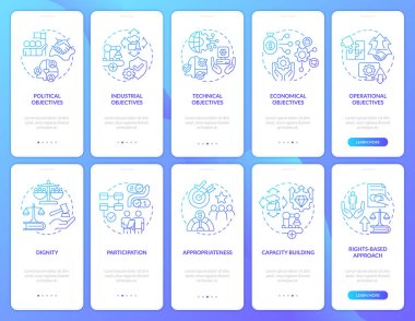 Uluslararası işbirliği mavi gradyan mobil uygulama ekranı seti