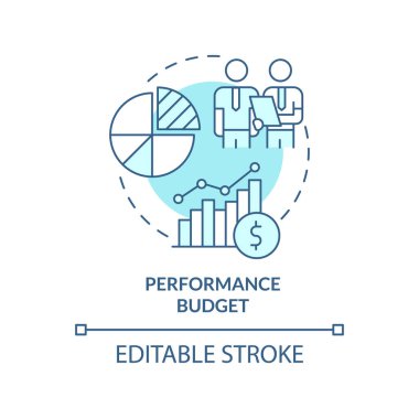 Performans bütçesi turkuaz konsept simgesi. Finansal program. Bütçelendirme tipi soyut fikir ince çizgi çizimi. İzole bir taslak çizim. Düzenlenebilir felç. Arial, Myriad Pro-Kalın yazı tipleri