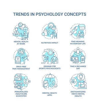 Psikoloji türkuaz konsept simgeleri belirlendi. Zihinsel sağlıkta yenilik fikri geliştiriyor ince çizgi renkli çizimler. İzole semboller. Düzenlenebilir felç. Kullanılan Roboto-Orta, Myriad Pro-Kalın yazı tipleri