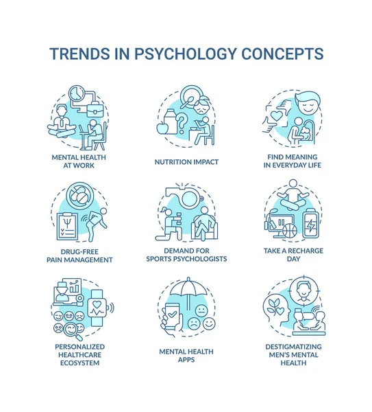 Psikoloji türkuaz konsept simgeleri belirlendi. Zihinsel sağlıkta yenilik fikri geliştiriyor ince çizgi renkli çizimler. İzole semboller. Düzenlenebilir felç. Kullanılan Roboto-Orta, Myriad Pro-Kalın yazı tipleri
