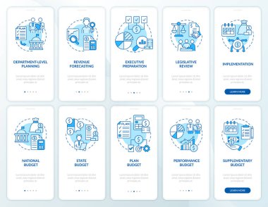State and government budgeting blue onboarding mobile app screen set. Walkthrough 5 steps graphic instructions pages with linear concepts. UI, UX, GUI template. Myriad Pro-Bold, Regular fonts used