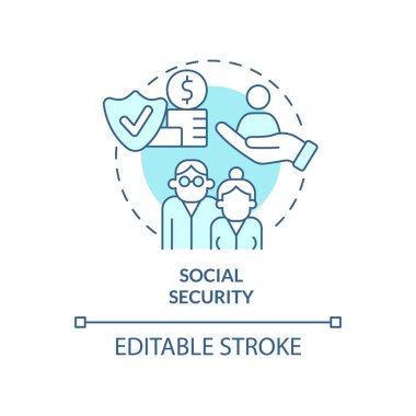 Sosyal güvenlik turkuaz konsept ikonu. Emeklilik geliri ve sigortası. Harcamalar soyut fikir ince çizgi çizimi. İzole bir taslak çizim. Düzenlenebilir felç. Arial, Myriad Pro-Kalın yazı tipleri