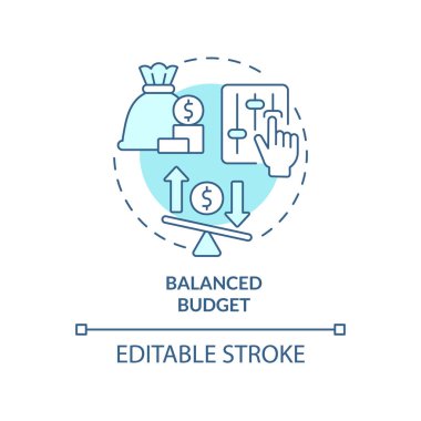 Dengeli bütçe turkuaz konsept simgesi. Gelir eşittir harcamalar. Soyut fikirlerin incelenmesi için bütçe ayırıyorum. İzole bir taslak çizim. Düzenlenebilir felç. Arial, Myriad Pro-Kalın yazı tipleri