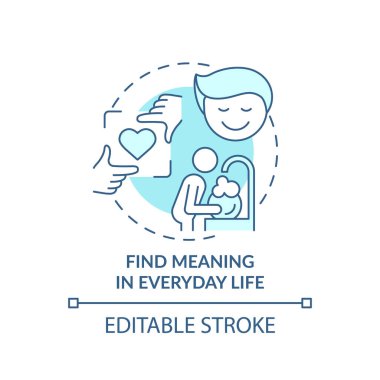 Günlük hayatta turkuaz konsept ikonunda anlam bul. Zihinsel sağlık kavramının geliştirilmesi ince çizgi çizimi. İzole bir taslak çizim. Düzenlenebilir felç. Arial, Myriad Pro-Kalın yazı tipleri