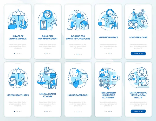 Trends Psychology Blue Onboarding Mobile App Screen Set Mental Health — Stock Vector