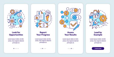Mobil uygulama ekranında enerji stratejisinin kilit adımları. Doğrusal kavramlarla dolu dört aşamalı grafik talimatları raporla. UI, UX, GUI şablonu. Kullanılan sayısız Pro-Kalın, Düzenli yazı tipleri