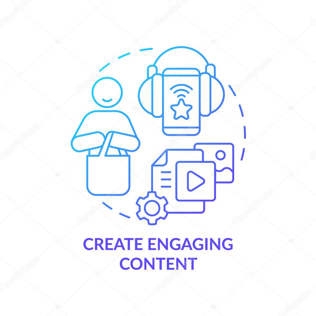 Create engaging content blue gradient concept icon. Attractive ads. Customer attention span abstract idea thin line illustration. Isolated outline drawing. Myriad Pro-Bold font used