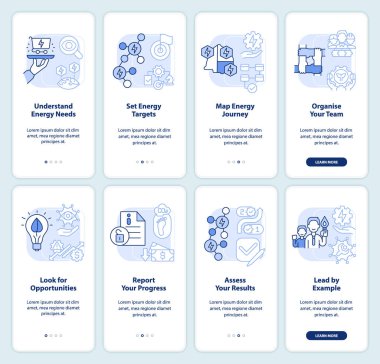 Enerji yönetimi mobil uygulama ekranında mavi ışık kullansın. Doğrusal kavramlarla dolu dört adımda grafik talimatları uygula. UI, UX, GUI şablonu. Kullanılan sayısız Pro-Kalın, Düzenli yazı tipleri