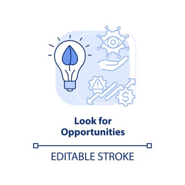 Fırsatlara bak. Mavi ışık konsept simgesi. Enerji stratejisi için önemli bir adım soyut fikir ince çizgi çizimi. İzole bir taslak çizim. Düzenlenebilir felç. Arial, Myriad Pro-Kalın yazı tipleri
