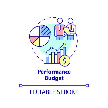 Performans bütçesi konsepti ikonu. Finansal program. Bütçelendirme tipi soyut fikir ince çizgi çizimi. İzole bir taslak çizim. Düzenlenebilir felç. Arial, Myriad Pro-Kalın yazı tipleri