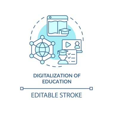 Eğitimin dijitalleştirilmesi turkuaz konsept simgesi. Geliştirmede ortaya çıkan yetenek soyut fikir ince çizgi çizimi. İzole bir taslak çizim. Düzenlenebilir felç. Arial, Myriad Pro-Kalın yazı tipleri