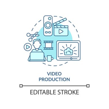 Video üretim turkuaz konsept simgesi. Soyut ve ince çizgili çizgilerin serbest çizimi için talep yeteneği. İzole bir taslak çizim. Düzenlenebilir felç. Arial, Myriad Pro-Kalın yazı tipleri
