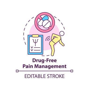 Uyuşturucusuz ağrı kesici konsept ikonu. Farmakolojik olmayan yöntemler. Psikoloji eğilimi soyut fikir ince çizgi çizimi. İzole bir taslak çizim. Düzenlenebilir felç. Arial, Myriad Pro-Kalın yazı tipleri