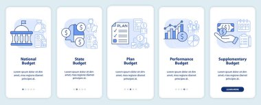 Bütçe tipleri seyyar uygulama ekranında açık mavi renkte. Ulusal plan 5 adım boyunca grafik talimatları doğrusal kavramlarla birlikte sayfaları incelemek. UI, UX, GUI şablonu. Kullanılan sayısız Pro-Kalın, Düzenli yazı tipleri