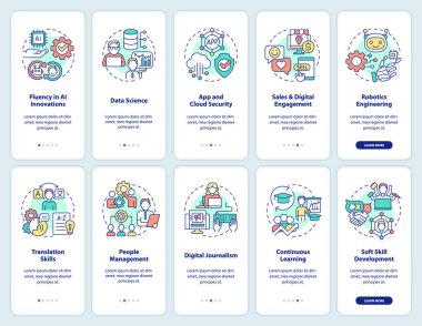 Digital skills and career development onboarding mobile app screen set. Walkthrough 5 steps graphic instructions pages with linear concepts. UI, UX, GUI template. Myriad Pro-Bold, Regular fonts used