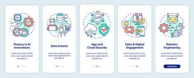 Moda dijital beceriler mobil uygulama ekranında. Veri bilimi 5 aşamalı grafik talimatı sayfaları doğrusal kavramlarla birlikte. UI, UX, GUI şablonu. Kullanılan sayısız Pro-Kalın, Düzenli yazı tipleri