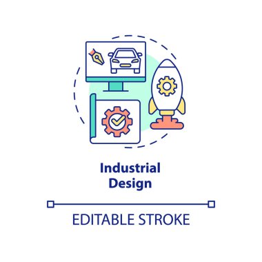 Endüstriyel tasarım konsepti. Rekabetçi iş adayı yetenek soyut fikir ince çizgili illüstrasyon. Ürün oluşturur. İzole bir taslak çizim. Düzenlenebilir felç. Arial, Myriad Pro-Kalın yazı tipleri