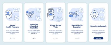 İş yerindeki zihinsel sağlık eğilimleri mobil uygulama ekranında açık mavi renkte. Çizgisel kavramlarla dolu 5 aşamalı grafik talimatları. UI, UX, GUI şablonu. Kullanılan sayısız Pro-Kalın, Düzenli yazı tipleri