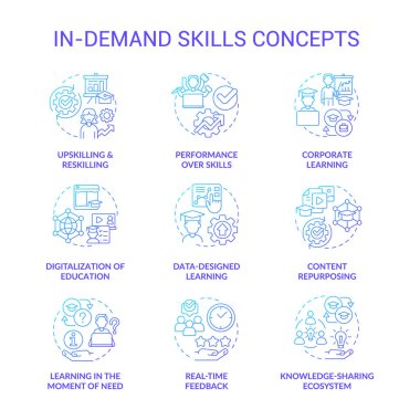 Talep becerilerinde mavi gradyan konsept simgeleri belirlendi. Öldürme ve yeniden öldürme fikri ince çizgi renkli çizimler. Şirket eğitimi. İzole semboller. Kullanılan Roboto-Orta, Myriad Pro-Kalın yazı tipleri