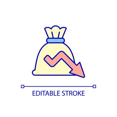 Bütçe borçları RGB renk simgesi. Finansal açık. Gelir azaltımı. Kaynak ve para kaybı. İzole vektör çizimi. Basit bir çizgi çizimi. Düzenlenebilir felç. Kullanılan Arial yazı tipi