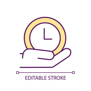 El ele tutuşan saat RGB renk simgesi. Zaman yönetimi süreci. Zaman aralığını ölçmek için bir araç. İzole vektör çizimi. Basit bir çizgi çizimi. Düzenlenebilir felç. Kullanılan Arial yazı tipi