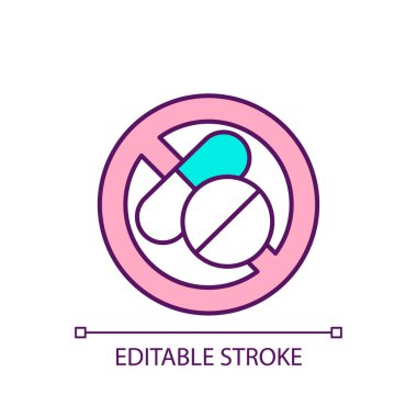 Farmasötik olmayan RGB renk ikonu. Alternatif tıp yöntemleri. Uyuşturucu bağımlılığını durdur. İzole vektör çizimi. Basit bir çizgi çizimi. Düzenlenebilir felç. Kullanılan Arial yazı tipi