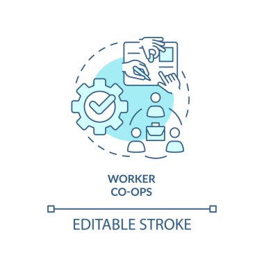 İşçi kooperatifi turkuaz konsept ikonu. İşçi katkısı soyut fikir ince çizgi çizimi. Karar verme süreçleri. İzole bir taslak çizim. Düzenlenebilir felç. Arial, Myriad Pro-Kalın yazı tipleri