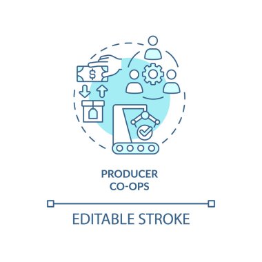 Yapımcı kooperatif turkuaz konsept ikonu. Benzer ürün üretimi soyut fikir ince çizgi çizimi. Daha iyi fiyatlandırma. İzole bir taslak çizim. Düzenlenebilir felç. Arial, Myriad Pro-Kalın yazı tipleri