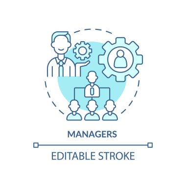 Menajerler turkuaz konsept simgesi. Kategori: Kooperatif üyeleri soyut fikir ince çizgi çizimi. Şirket büyümesi. İzole bir taslak çizim. Düzenlenebilir felç. Arial, Myriad Pro-Kalın yazı tipleri