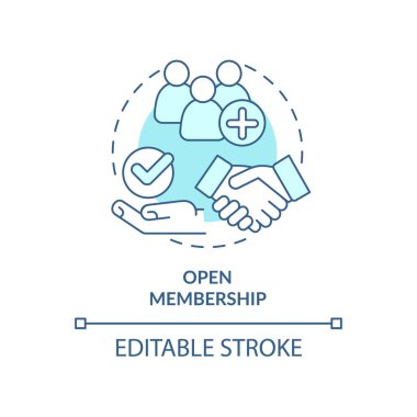 Üyelik turkuaz konsept simgesini aç. Kooperatif toplum avantajı soyut fikir ince çizgi çizimi. Adam alımı. İzole bir taslak çizim. Düzenlenebilir felç. Arial, Myriad Pro-Kalın yazı tipleri