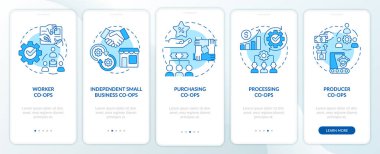 Mobil uygulama ekranında mavi kooperatif tipi. İşletme şirketleri 5 aşamalı grafik talimatları sayfalarında doğrusal kavramlarla dolaşıyorlar. UI, UX, GUI şablonu. Kullanılan sayısız Pro-Kalın, Düzenli yazı tipleri