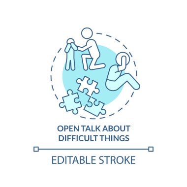 Turkuaz konsept ikonu hakkında açık konuşmak. Pozitif iletişim soyut fikri ince çizgi çizimi. İzole bir taslak çizim. Düzenlenebilir felç. Arial, Myriad Pro-Kalın yazı tipleri