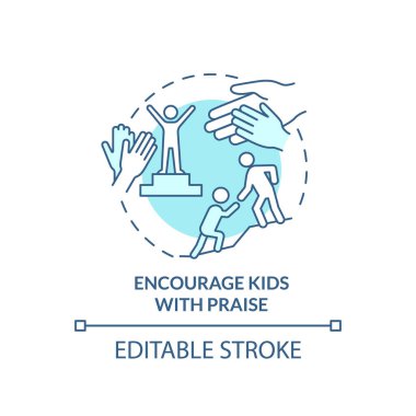 Turkuaz konsept ikonu ile çocukları cesaretlendirin. Pozitif iletişim soyut fikri ince çizgi çizimi. İzole bir taslak çizim. Düzenlenebilir felç. Arial, Myriad Pro-Kalın yazı tipleri