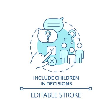 Include children in decisions turquoise concept icon. Respect kid ideas. Teamwork abstract idea thin line illustration. Isolated outline drawing. Editable stroke. Arial, Myriad Pro-Bold fonts used