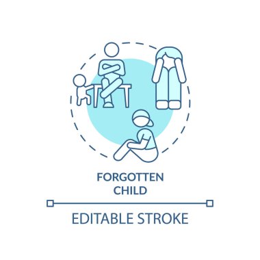 Unutulmuş çocuk turkuvaz konsept ikonu. İşlevsiz ailelerde çocuk rolü soyut fikirler ince çizgi çiziminde. İzole bir taslak çizim. Düzenlenebilir felç. Arial, Myriad Pro-Kalın yazı tipleri