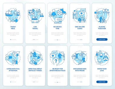 Family relationship management blue onboarding mobile app screen set. Walkthrough 5 steps graphic instructions pages with linear concepts. UI, UX, GUI template. Myriad Pro-Bold, Regular fonts used