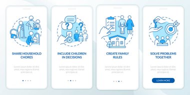 Mobil uygulama ekranında mavi takım çalışması teşvik ediliyor. Aile gezintisi 4 aşamalı grafik talimatlar sayfaları doğrusal kavramlarla. UI, UX, GUI şablonu. Kullanılan sayısız Pro-Kalın, Düzenli yazı tipleri