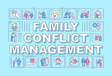 Aile içi çatışma kelimesi turkuaz pankartı kavramını içeriyor. Sorunları çöz. Renk arkaplanında simgeleri olan bilgi grafikleri. İzole tipografi. Metinli vektör illüstrasyonu. Kullanılan Arial-Black yazı tipi