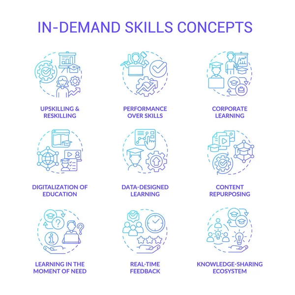Talep becerilerinde mavi gradyan konsept simgeleri belirlendi. Öldürme ve yeniden öldürme fikri ince çizgi renkli çizimler. Şirket eğitimi. İzole semboller. Kullanılan Roboto-Orta, Myriad Pro-Kalın yazı tipleri