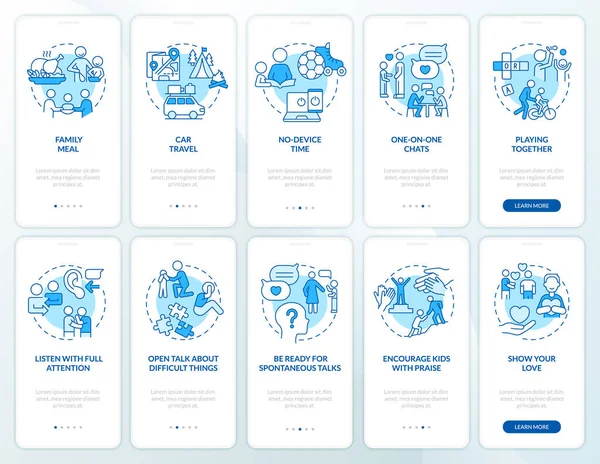 Mobil uygulama seti üzerinde aile ilişkileri yönetimi mavisi. Çizgisel kavramlarla dolu 5 aşamalı grafik talimatları. UI, UX, GUI şablonu. Kullanılan sayısız Pro-Kalın, Düzenli yazı tipleri