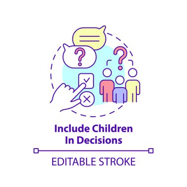 Karar konsepti ikonuna çocukları dahil et. Çocuk fikirlerine saygı göster. Takım çalışmasını teşvik etmek soyut fikir ince çizgi çizimi. İzole bir taslak çizim. Düzenlenebilir felç. Arial, Myriad Pro-Kalın yazı tipleri