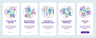 Mobil uygulama ekranında olumlu iletişim. Aile ilişkileri 5 adımdan oluşur. Çizgisel kavramların olduğu sayfaların grafiksel talimatları. UI, UX, GUI şablonu. Kullanılan sayısız Pro-Kalın, Düzenli yazı tipleri