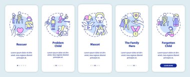 Mobil uygulama ekranındaki işlevsiz ailelerde çocuk rolleri. Çizgisel kavramlarla dolu 5 aşamalı grafik talimatları. UI, UX, GUI şablonu. Kullanılan sayısız Pro-Kalın, Düzenli yazı tipleri