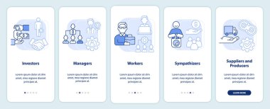 Üyelerin kategorileri mobil uygulama ekranında mavi ışık yakıyor. İş gezintisi 5 adım grafik talimatlar sayfaları doğrusal kavramlarla. UI, UX, GUI şablonu. Kullanılan sayısız Pro-Kalın, Düzenli yazı tipleri