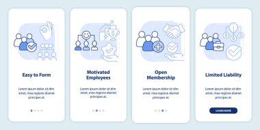 Benefits of co-ops light blue onboarding mobile app screen. Partnership walkthrough 4 steps graphic instructions pages with linear concepts. UI, UX, GUI template. Myriad Pro-Bold, Regular fonts used