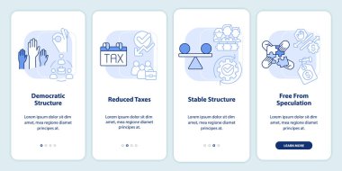 Advantages of co-ops light blue onboarding mobile app screen. Membership walkthrough 4 steps graphic instructions pages with linear concepts. UI, UX, GUI template. Myriad Pro-Bold, Regular fonts used